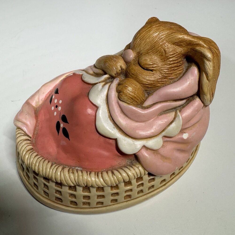 Pendelfin Pink Rabbit "Poppet" Hand Painted Stoneware Figurine in Bed Vintage